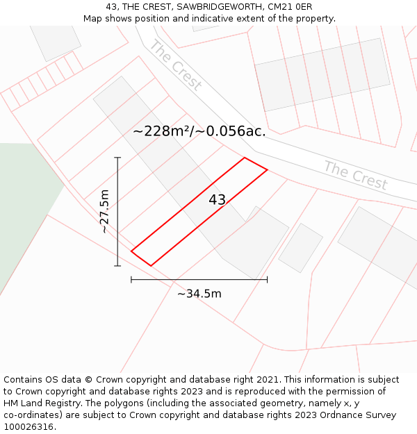 43, THE CREST, SAWBRIDGEWORTH, CM21 0ER: Plot and title map
