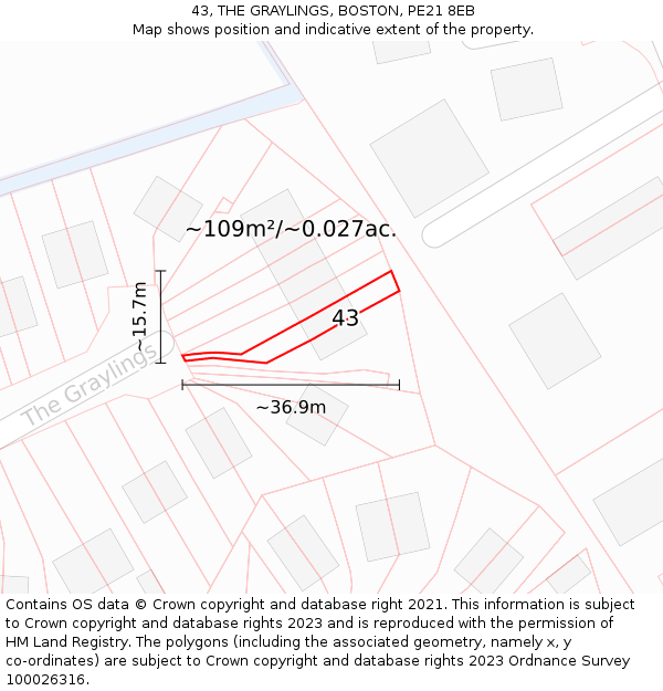 43, THE GRAYLINGS, BOSTON, PE21 8EB: Plot and title map