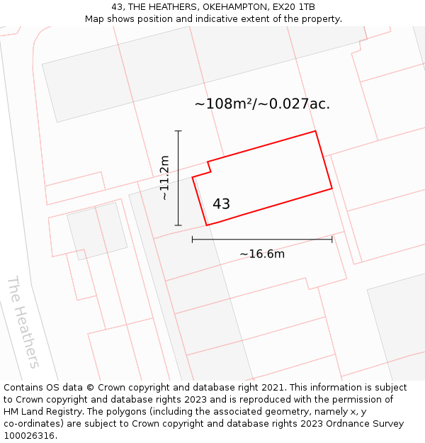 43, THE HEATHERS, OKEHAMPTON, EX20 1TB: Plot and title map