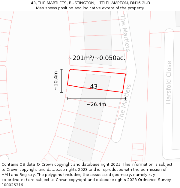 43, THE MARTLETS, RUSTINGTON, LITTLEHAMPTON, BN16 2UB: Plot and title map