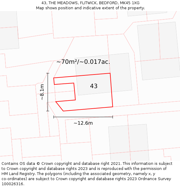43, THE MEADOWS, FLITWICK, BEDFORD, MK45 1XG: Plot and title map