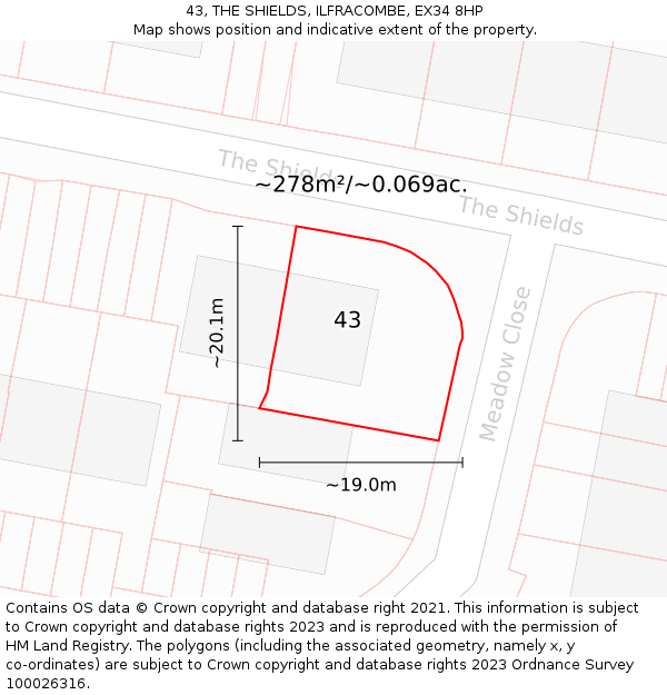 43, THE SHIELDS, ILFRACOMBE, EX34 8HP: Plot and title map