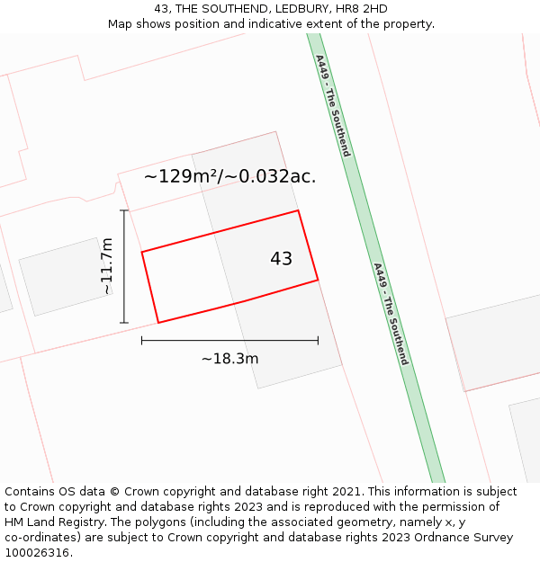 43, THE SOUTHEND, LEDBURY, HR8 2HD: Plot and title map