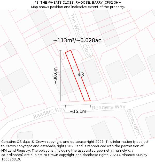 43, THE WHEATE CLOSE, RHOOSE, BARRY, CF62 3HH: Plot and title map
