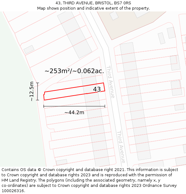 43, THIRD AVENUE, BRISTOL, BS7 0RS: Plot and title map