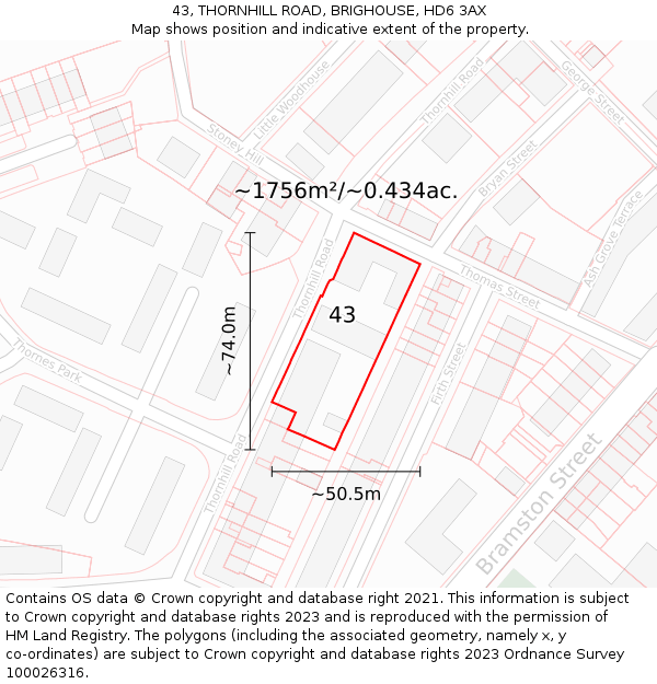 43, THORNHILL ROAD, BRIGHOUSE, HD6 3AX: Plot and title map