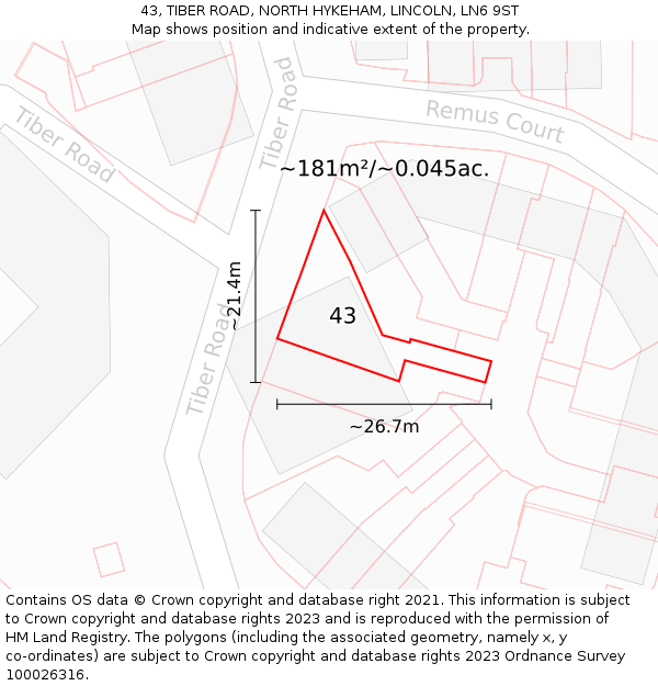 43, TIBER ROAD, NORTH HYKEHAM, LINCOLN, LN6 9ST: Plot and title map