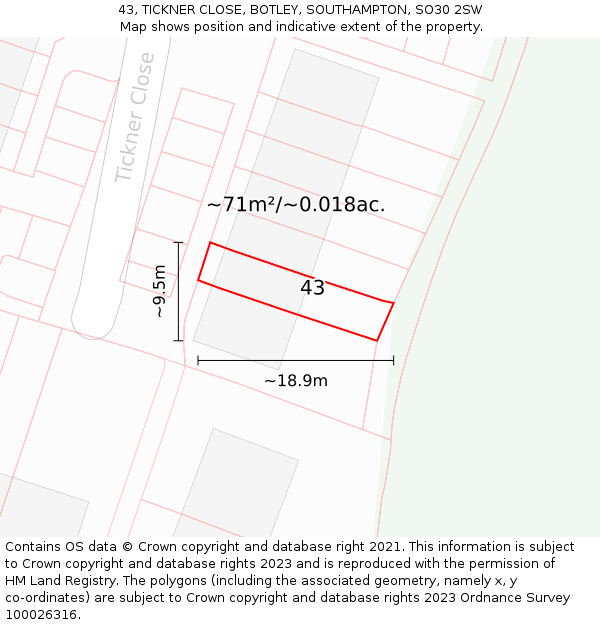 43, TICKNER CLOSE, BOTLEY, SOUTHAMPTON, SO30 2SW: Plot and title map
