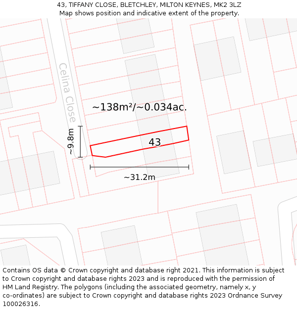 43, TIFFANY CLOSE, BLETCHLEY, MILTON KEYNES, MK2 3LZ: Plot and title map