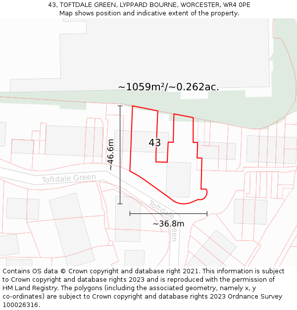 43, TOFTDALE GREEN, LYPPARD BOURNE, WORCESTER, WR4 0PE: Plot and title map