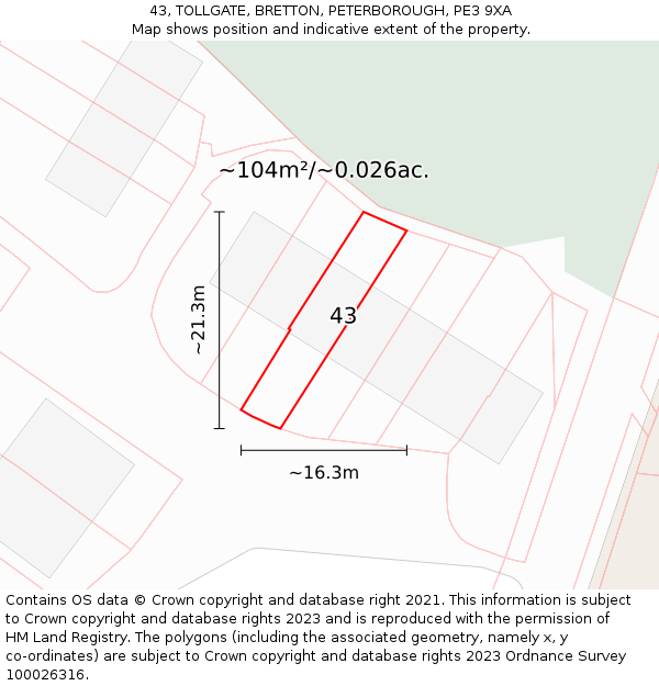 43, TOLLGATE, BRETTON, PETERBOROUGH, PE3 9XA: Plot and title map