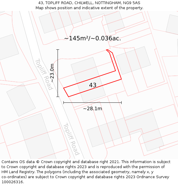 43, TOPLIFF ROAD, CHILWELL, NOTTINGHAM, NG9 5AS: Plot and title map