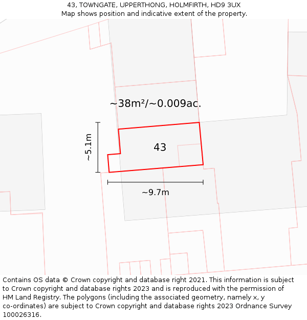 43, TOWNGATE, UPPERTHONG, HOLMFIRTH, HD9 3UX: Plot and title map