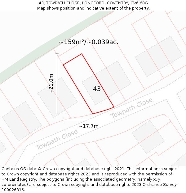 43, TOWPATH CLOSE, LONGFORD, COVENTRY, CV6 6RG: Plot and title map