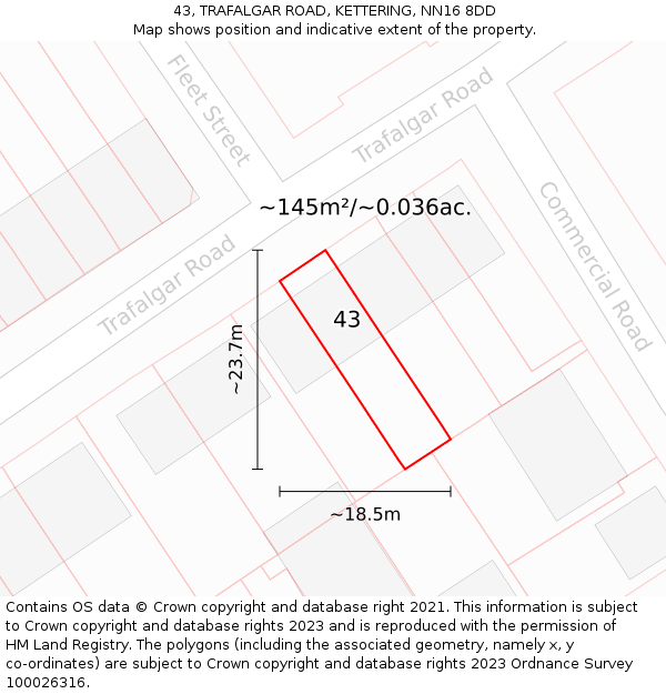 43, TRAFALGAR ROAD, KETTERING, NN16 8DD: Plot and title map