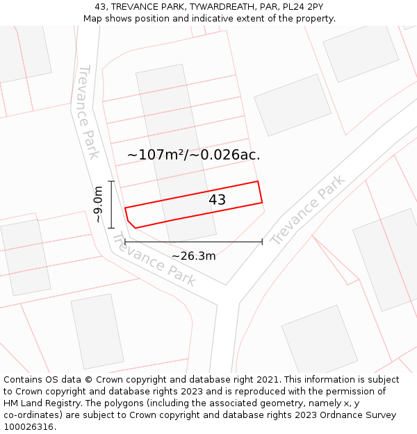43, TREVANCE PARK, TYWARDREATH, PAR, PL24 2PY: Plot and title map