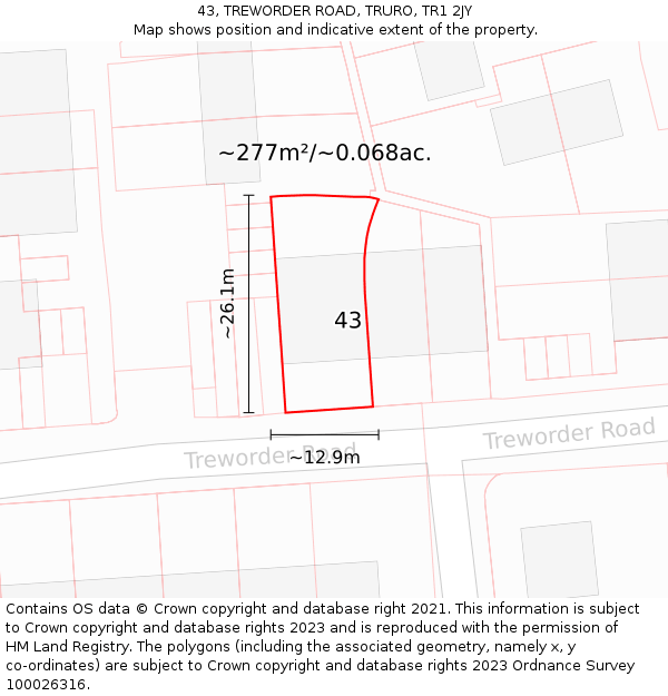 43, TREWORDER ROAD, TRURO, TR1 2JY: Plot and title map