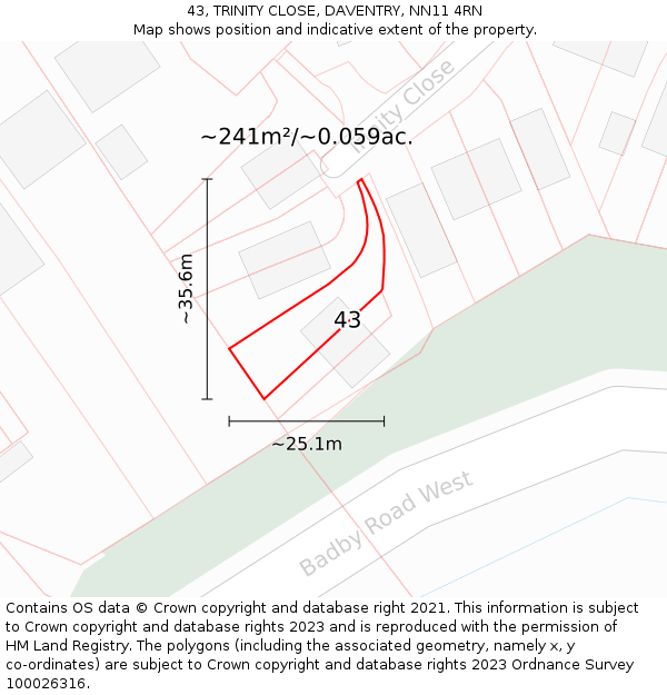 43, TRINITY CLOSE, DAVENTRY, NN11 4RN: Plot and title map