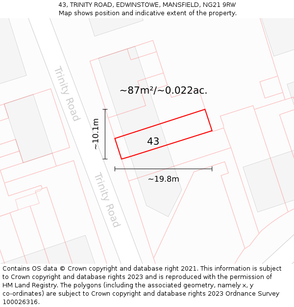 43, TRINITY ROAD, EDWINSTOWE, MANSFIELD, NG21 9RW: Plot and title map