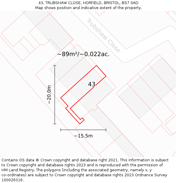 43, TRUBSHAW CLOSE, HORFIELD, BRISTOL, BS7 0AD: Plot and title map