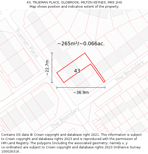 43, TRUEMAN PLACE, OLDBROOK, MILTON KEYNES, MK6 2HS: Plot and title map