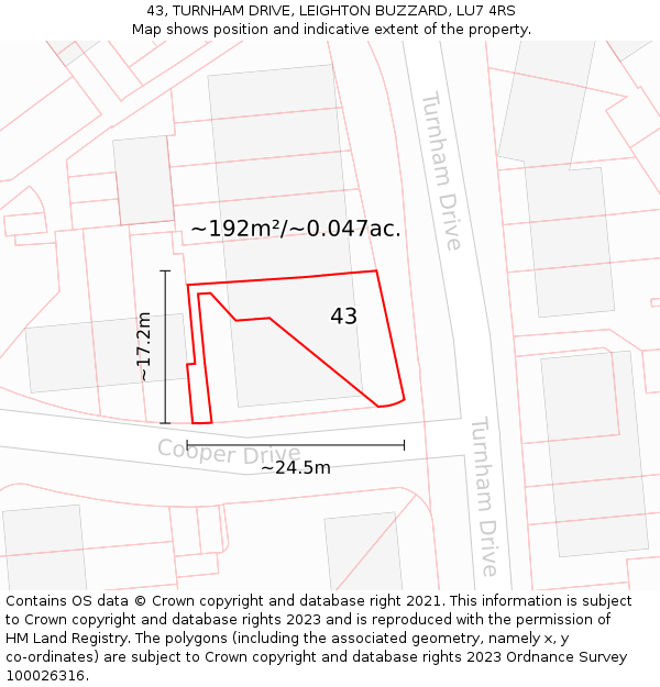 43, TURNHAM DRIVE, LEIGHTON BUZZARD, LU7 4RS: Plot and title map