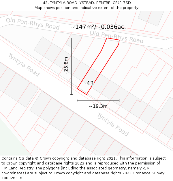 43, TYNTYLA ROAD, YSTRAD, PENTRE, CF41 7SD: Plot and title map