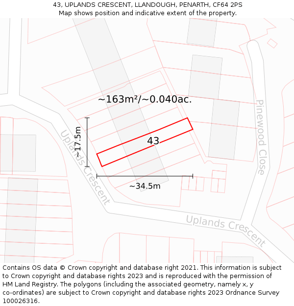 43, UPLANDS CRESCENT, LLANDOUGH, PENARTH, CF64 2PS: Plot and title map