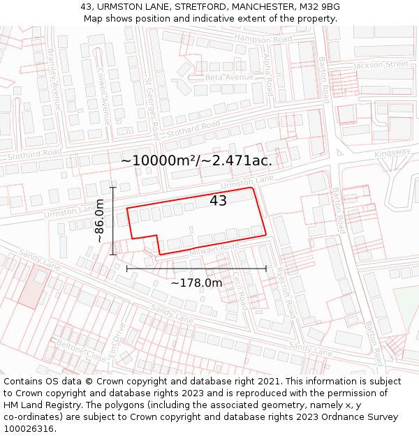 43, URMSTON LANE, STRETFORD, MANCHESTER, M32 9BG: Plot and title map