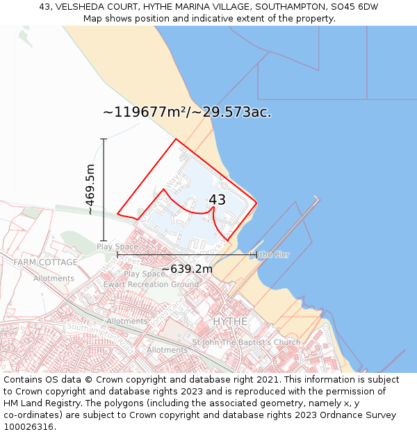 43, VELSHEDA COURT, HYTHE MARINA VILLAGE, SOUTHAMPTON, SO45 6DW: Plot and title map