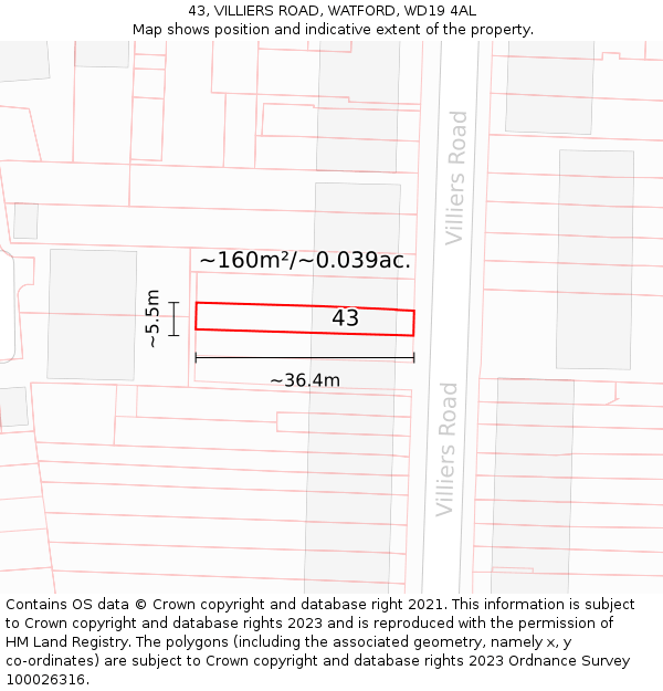 43, VILLIERS ROAD, WATFORD, WD19 4AL: Plot and title map
