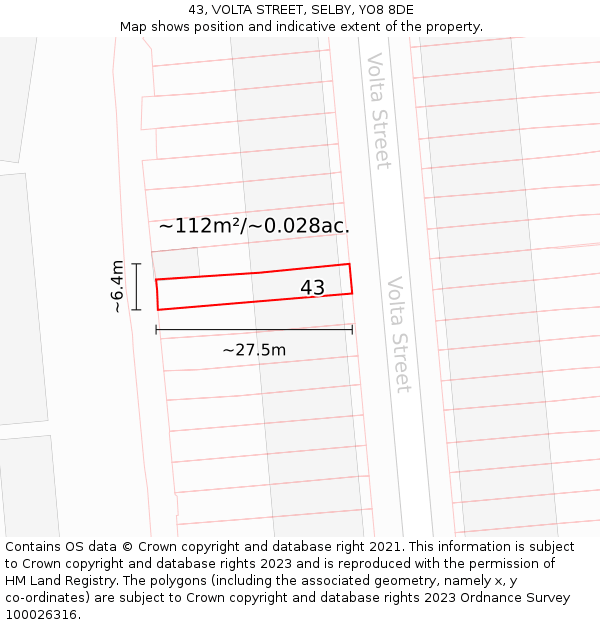 43, VOLTA STREET, SELBY, YO8 8DE: Plot and title map
