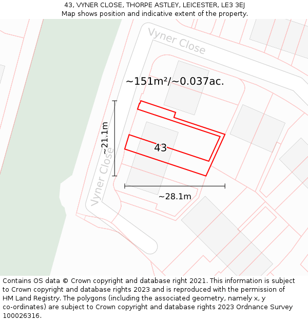 43, VYNER CLOSE, THORPE ASTLEY, LEICESTER, LE3 3EJ: Plot and title map