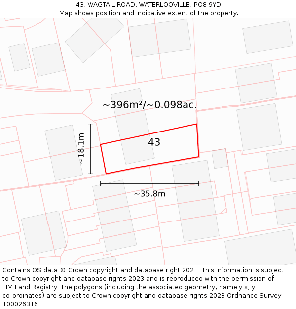 43, WAGTAIL ROAD, WATERLOOVILLE, PO8 9YD: Plot and title map