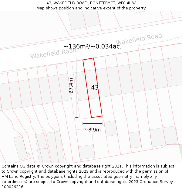 43, WAKEFIELD ROAD, PONTEFRACT, WF8 4HW: Plot and title map