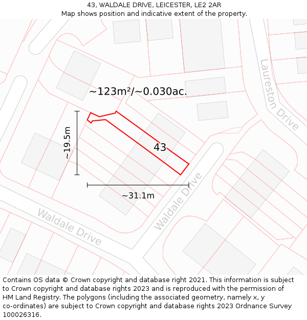 43, WALDALE DRIVE, LEICESTER, LE2 2AR: Plot and title map