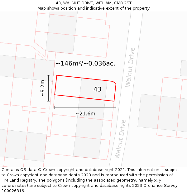43, WALNUT DRIVE, WITHAM, CM8 2ST: Plot and title map