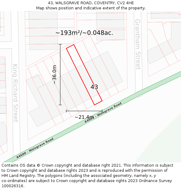 43, WALSGRAVE ROAD, COVENTRY, CV2 4HE: Plot and title map