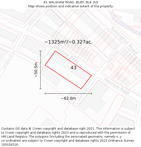 43, WALSHAW ROAD, BURY, BL8 1NY: Plot and title map