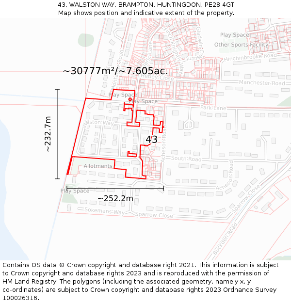 43, WALSTON WAY, BRAMPTON, HUNTINGDON, PE28 4GT: Plot and title map