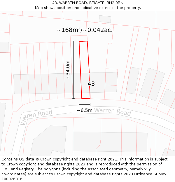 43, WARREN ROAD, REIGATE, RH2 0BN: Plot and title map