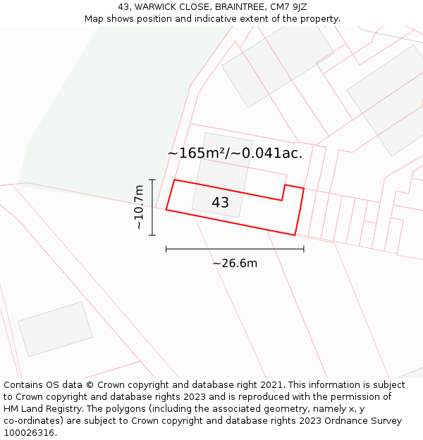43, WARWICK CLOSE, BRAINTREE, CM7 9JZ: Plot and title map