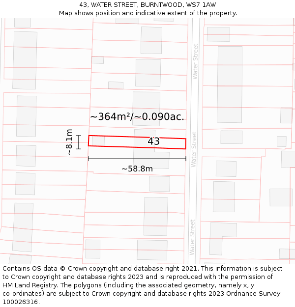 43, WATER STREET, BURNTWOOD, WS7 1AW: Plot and title map