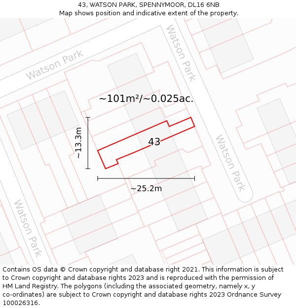 43, WATSON PARK, SPENNYMOOR, DL16 6NB: Plot and title map