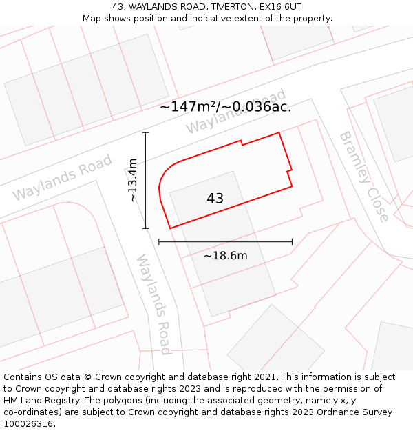 43, WAYLANDS ROAD, TIVERTON, EX16 6UT: Plot and title map