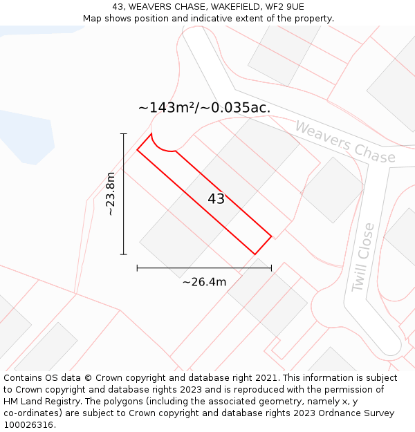 43, WEAVERS CHASE, WAKEFIELD, WF2 9UE: Plot and title map