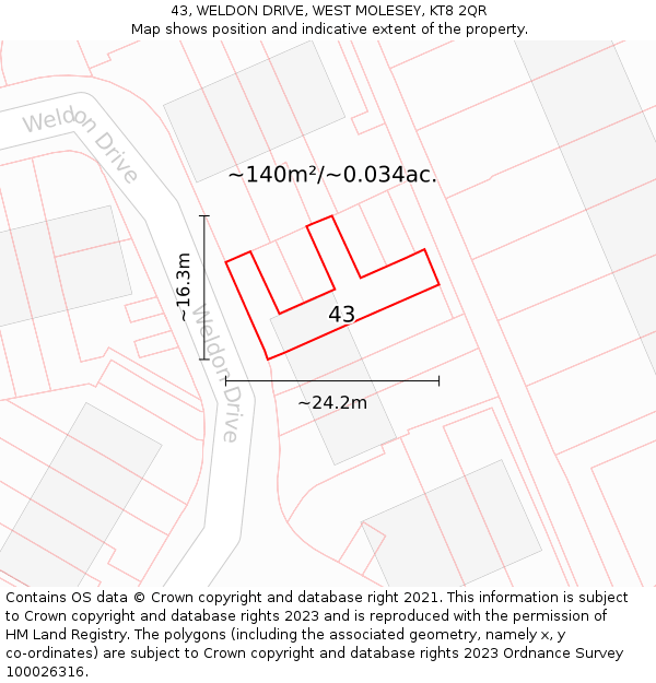 43, WELDON DRIVE, WEST MOLESEY, KT8 2QR: Plot and title map