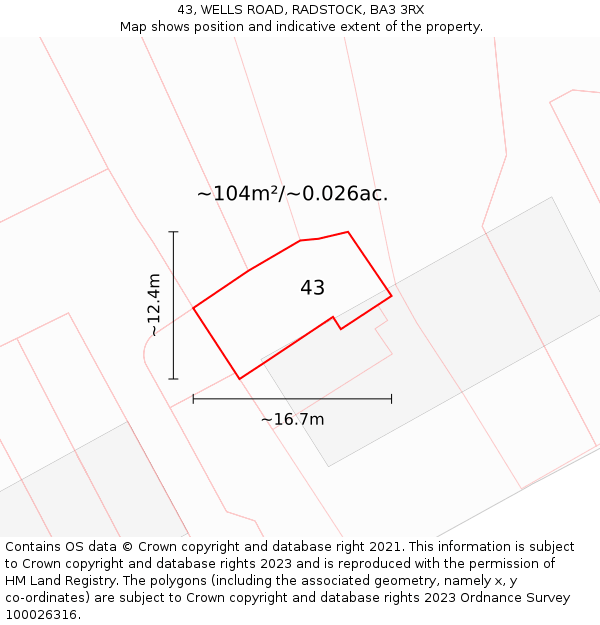 43, WELLS ROAD, RADSTOCK, BA3 3RX: Plot and title map