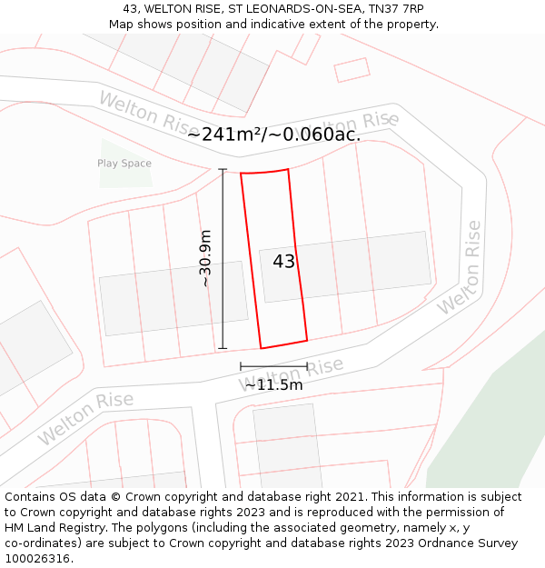 43, WELTON RISE, ST LEONARDS-ON-SEA, TN37 7RP: Plot and title map