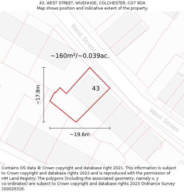 43, WEST STREET, WIVENHOE, COLCHESTER, CO7 9DA: Plot and title map